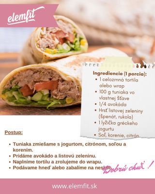 🥑𝐓𝐮𝐧𝐢𝐚𝐤𝐨𝐯𝐲́ 𝐰𝐫𝐚𝐩 𝐬 𝐚𝐯𝐨𝐤𝐚́𝐝𝐨𝐦 Ingrediencie (1 porcia): • 1 celozrnná tortila alebo wrap • 100 g tuniaka vo vlastnej šťave •...